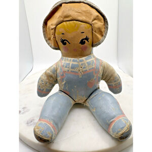 Rare Vintage Original 1940's Oil Painted Rag Cloth Doll 8.5" Primitive HTF